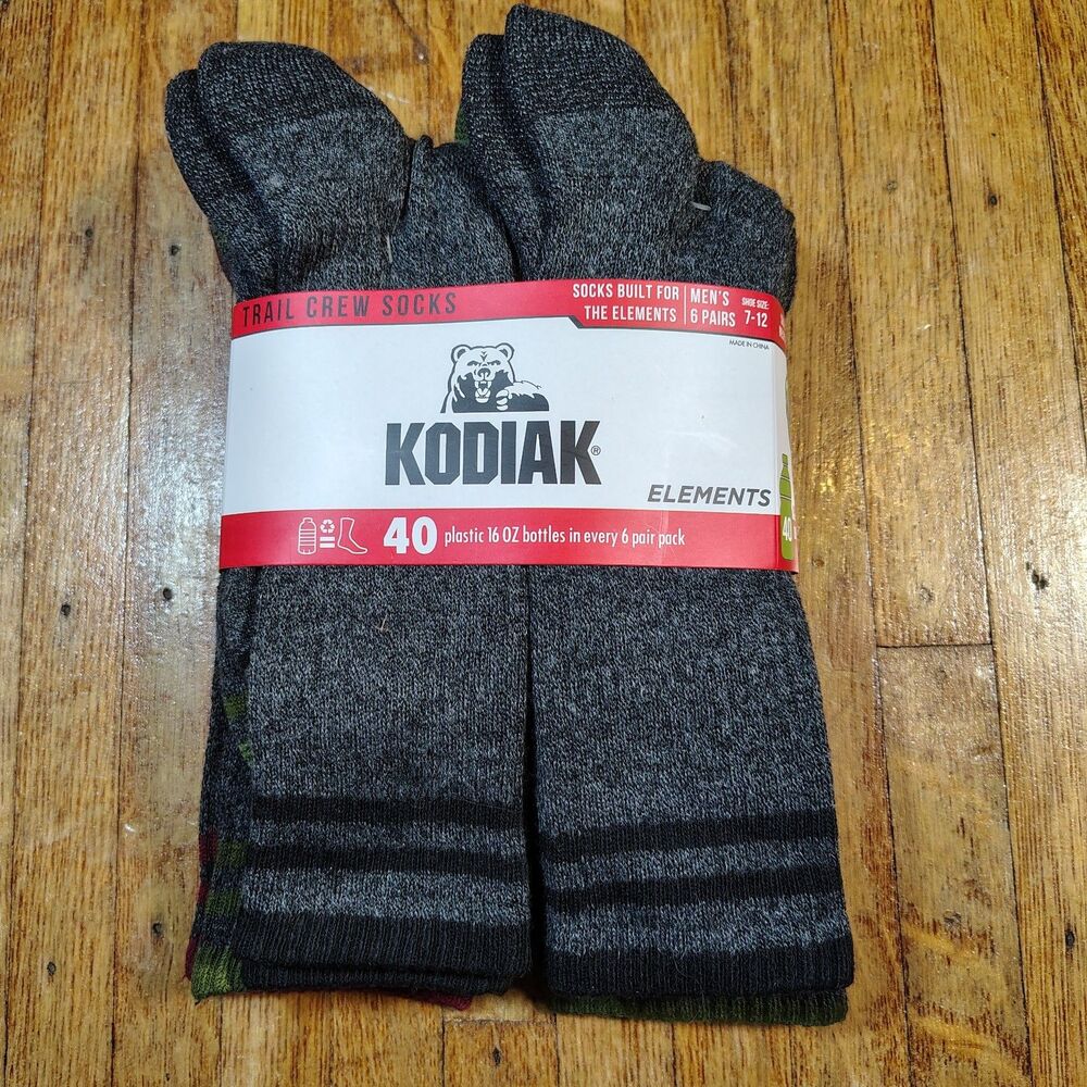 KODIAK TRAIL CREW SOCKS MEN'S 7-12 6 PAIRS DARK GRAY MOISTURE WICKING NEW